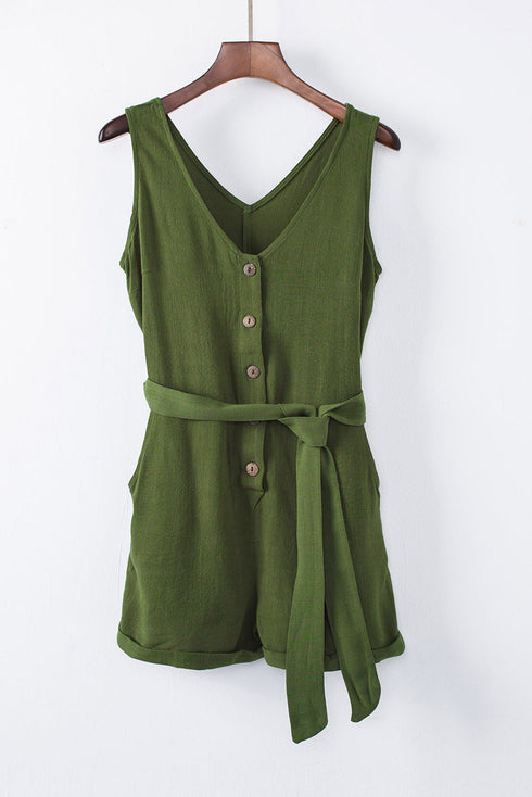 Button V Neck Romper With Belt